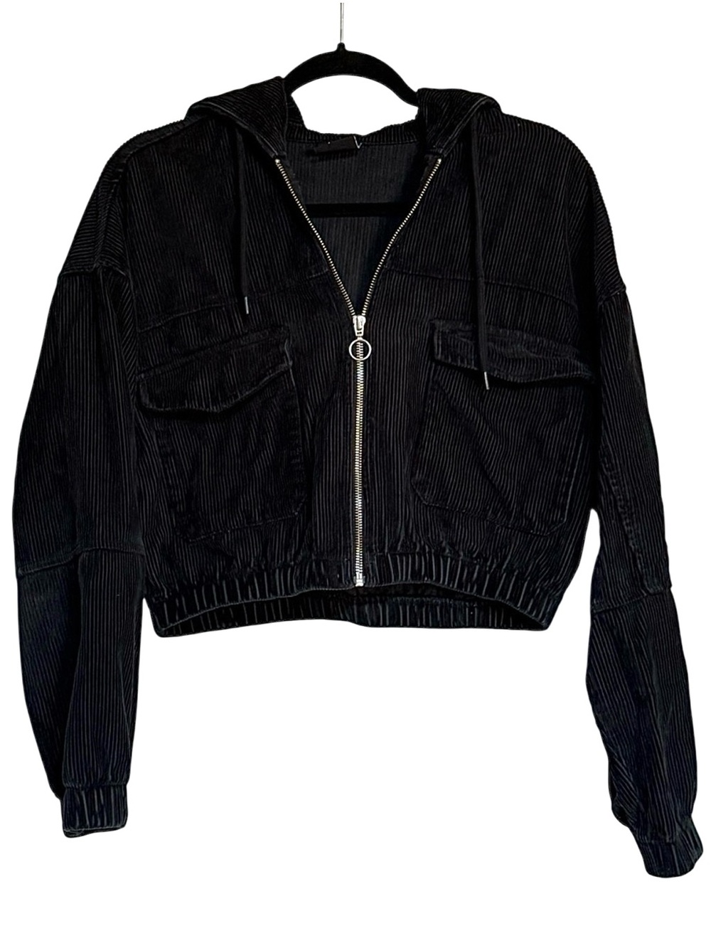 Urban Outfitters Black Corduroy Jacket Cropped Hooded Zip Up BDG Small - Picture 2 of 15